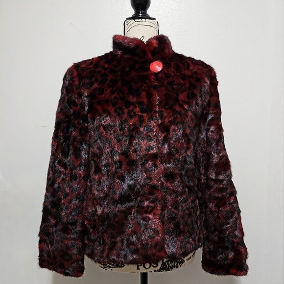 New Real Mink Fur Jacket Blazer Coat Dark Red Black Animal Print Leopard Dotted - Picture 3 of 6